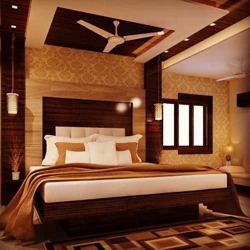 Warm Master Bedroom With Wood Panelled Headboard Wall